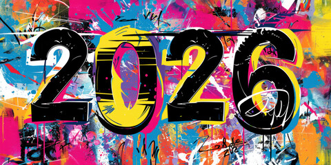 Vibrant and colorful Graffiti art-style design featuring Numbers 2026 in bold, Energetic Lettering with dynamic splashes of color. Contemporary New Year design concept