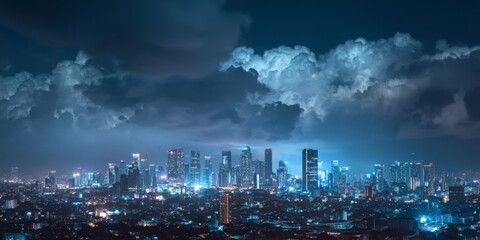 Nighttime urban skyline with illuminated buildings and dramatic clouds over a bustling city landscape