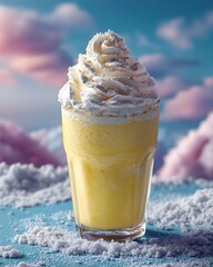 Captivating cup of food on a table showcasing a delicious banana milkshake in a cozy setting