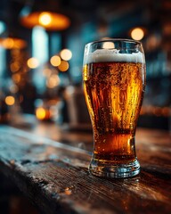 Craft beer glass with golden foam on table in moody pub interior with warm lighting and atmosphere