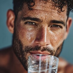 Close-up portrait of a man drinking refreshing water with a focus on hydration and vitality