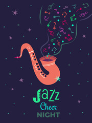 Winter Holidays Christmas Jazz Night Cheer poster. Saxophone, musical notes design element illustration. Christmas season Holiday joyful celebration, live music concert performance background