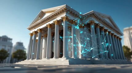 Fototapeta premium Elegant Classical Building with Columns and Digital Network Overlay in Bright Urban Setting