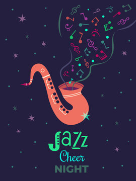 Winter Holidays Christmas Jazz Night Cheer vector poster. Saxophone, musical notes design element illustration. Christmas season Holiday joyful celebration, live music concert performance background