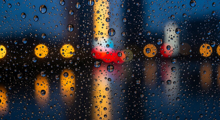 Raindrops on window with blurred city lights at night