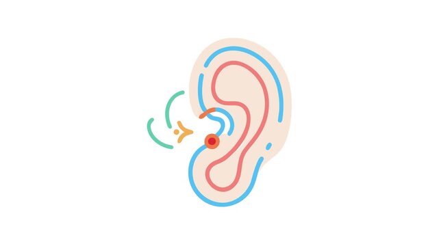 Stylized ear illustration depicting sound waves and inner ear