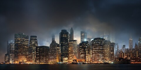 Fototapeta premium Nighttime urban skyline with illuminated buildings and dramatic clouds over a bustling city landscape