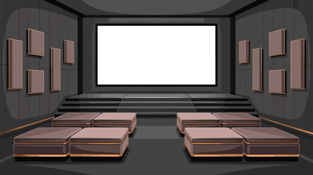 A cartoon theater interior with a blank screen stage and seating in a dark gray color scheme style