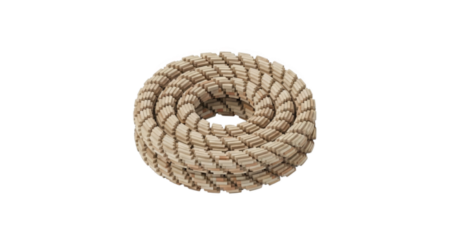 A coiled rope made of lightcolored blocks on a black background