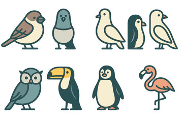 Fototapeta premium Stylized cartoon bird icons featuring sparrow, pigeon, owl, and flamingo