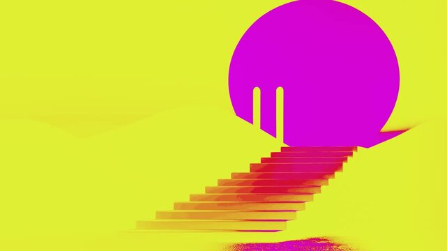 A vibrant abstract scene featuring strs leading to a large sun-like shape stairs, colorful, art