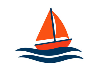 Fototapeta premium Minimalist orange sailboat icon on dark blue stylized ocean waves