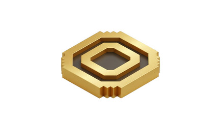 A gold hexagonal emblem with concentric diamond shapes