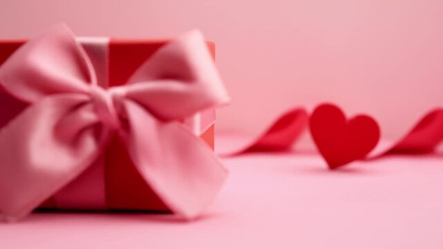 Red gift box with pink ribbon on pink background and hearts  