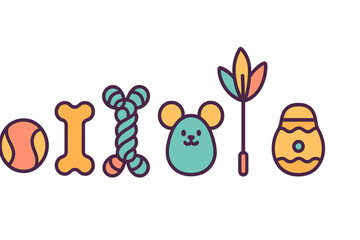Fototapeta premium Colorful icons representing various pet toys for dogs and cats