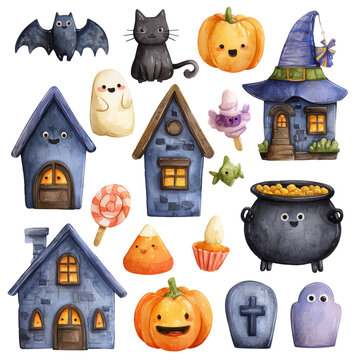 Cute Halloween clipart set with pumpkins, ghosts, bats and haunted house, transparent background PNG illustrations