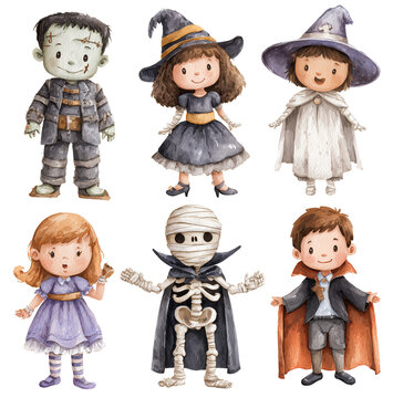 Cute watercolor Halloween kids in costumes &ndash; Frankenstein, witch, ghost, mummy, skeleton and vampire clipart on transparent background