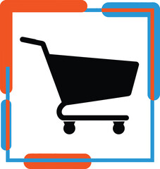 Shopping cart silhouette icon in a modern orange and blue rounded frame, symbol for e-commerce, online retail, purchase, and digital store vector illustration.