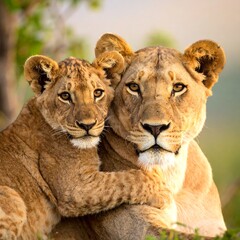 Obraz premium A lioness and her cub embrace, gazing intently at the viewer. Their golden fur glows in the soft, natural light