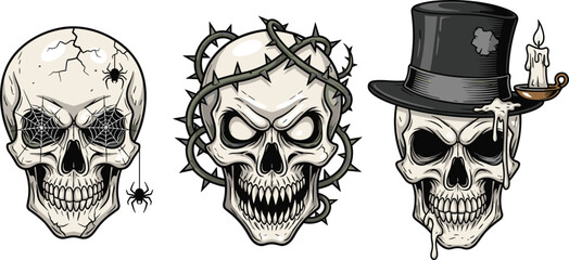 Halloween skull vector with spiderweb, thorny vines, candle on top hat, spooky face, horror theme, cad drawing flat vector illustration