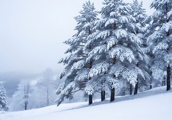 Snow-Covered Trees on a Hillside in Winter Landscape.