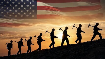 Silhouettes of workers carrying pickaxes walk up a hill against a sunset backdrop, with the american flag overlaid in the sky to represent labor day and us industry