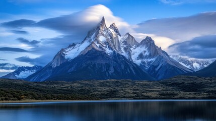 Majestic Mountain Peaks Reflecting in the Tranquil Lake at Sunset