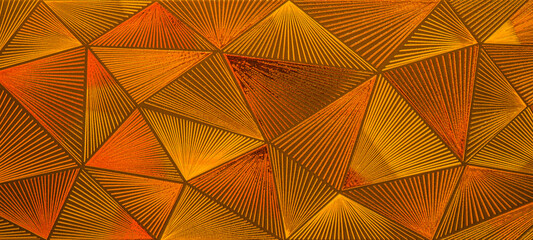 Abstract triangular orange golden mosaic tile wallpaper texture with geometric fluted triangles...