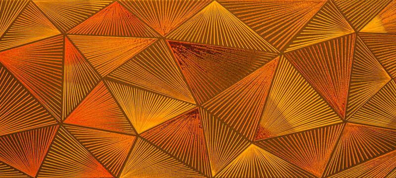 Abstract triangular orange golden mosaic tile wallpaper texture with geometric fluted triangles background banner