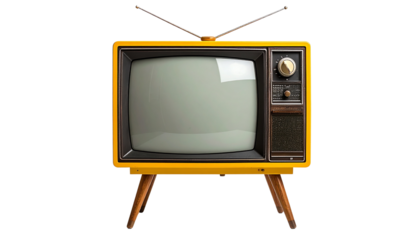 Retro yellow television set with gray screen display and wooden legs isolated on solid white background Png