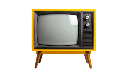 Retro yellow television set with gray screen display and wooden legs isolated on solid white background in Png