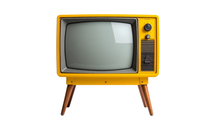 Retro yellow television set with gray screen display and wooden legs isolated on solid white background Png form