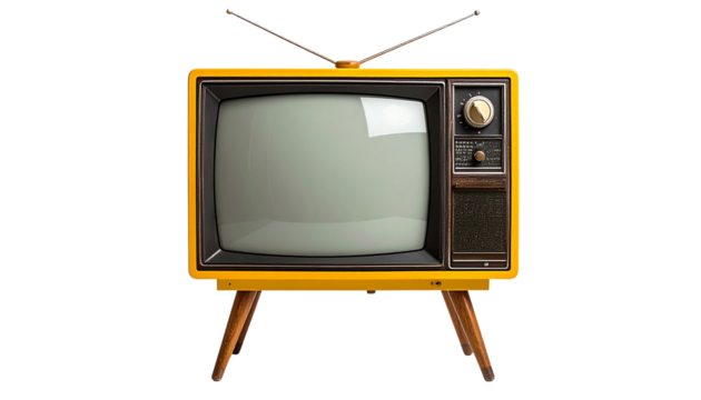 Retro yellow television set with gray screen display and wooden legs isolated on solid white background Png