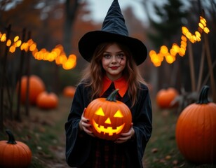 Happy halloween children in costumes and makeup holiday halloween young girl dressed as a witch holding a carved pumpkin standing outdoors in the evening with festive lights in the background hallowee