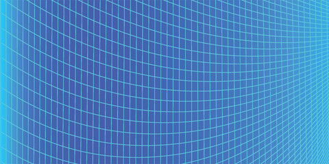 Naklejka premium Blue Glowing Grid of Curved 3D Stage. Perspective Grid. Wide Blueprint Texture. VR Virtual