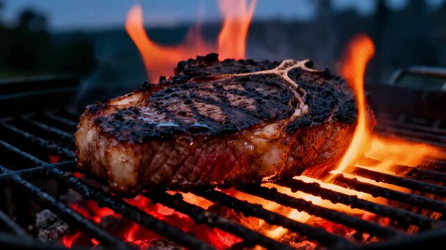 A close-up shot shows a thick, juicy t-bone steak cooking on a hot barbecue grill, with bright orange flames searing the meat over glowing red charcoal briquettes