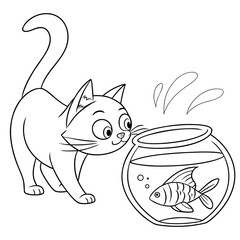 A curious cartoon cat with wide eyes leans in to observe a goldfish swimming in a round fishbowl with water splashing slightly above the surface in a playful illustration