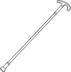 Black and white line art illustration of a walking cane with aT-shaped handle walking stick mobility aid