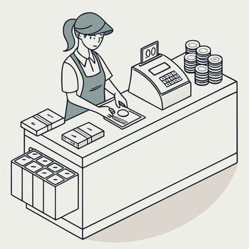cashier at counter, monochrome line art clip art preview