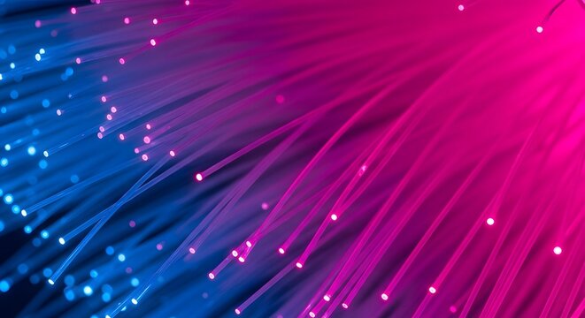 Fiber optics illuminated with pink and blue light, digital communication concept