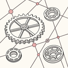Abstract isometric illustration of interconnected gears and circular components forming a network on a light background with subtle pink dots and connecting lines