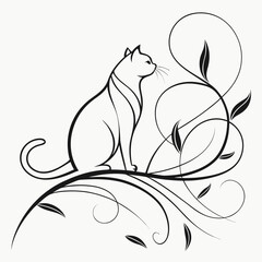 Elegant black and white outline illustration of a graceful cat sitting amidst swirling floral vines and leaves symbolizing nature and domestic tranquility
