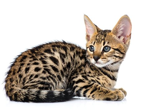 A small, spotted feline rests on a white surface, looking back with curious eyes. Its coat is a mix of brown and black markings