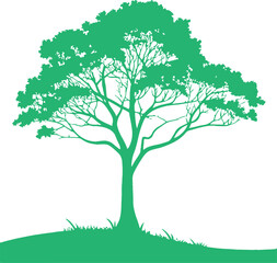 Silhouette of a large green tree with dense foliage and grassy ground vector illustration