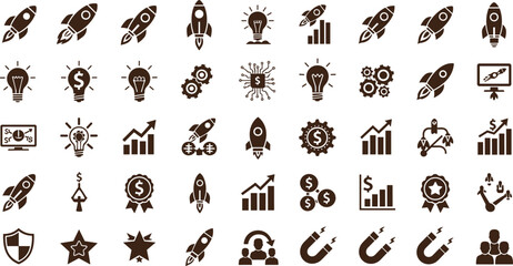 Collection of startup and innovation icons showing rocket launch, business growth, idea, success, technology, and finance concept for progress design.