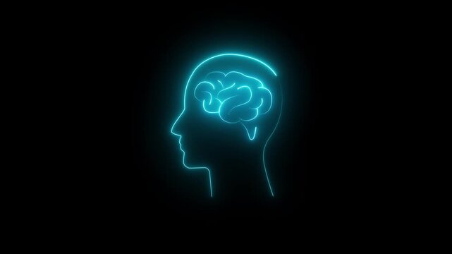Brain and human head icon, Human head line icon animation. Glowing neon human head on black background. Human head with neon brain emblem, medicine, sign, human body part, on a black background