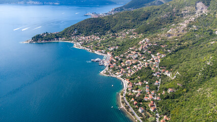 Fototapeta premium Kotor Bay, Montenegro — Aerial Drone View of Mountains and Beautiful Nature