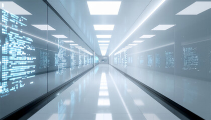 Futuristic office corridor with glowing holographic data panels