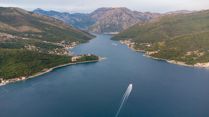 Fototapeta premium Kotor Bay, Montenegro — Aerial Drone View of Mountains and Beautiful Nature