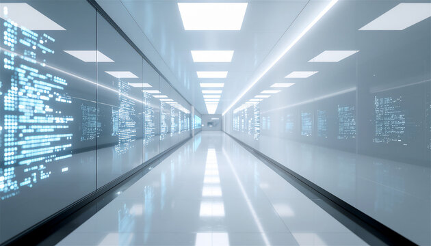 Futuristic office corridor with glowing holographic data panels - Powered by Adobe